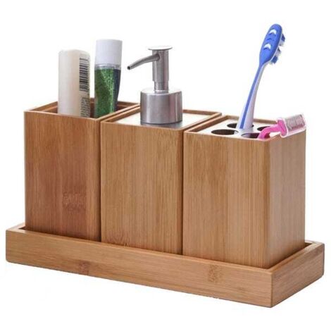 Set di accessori da bagno da 4 pezzi: portaspazzolino, dispenser di sapone in bambù