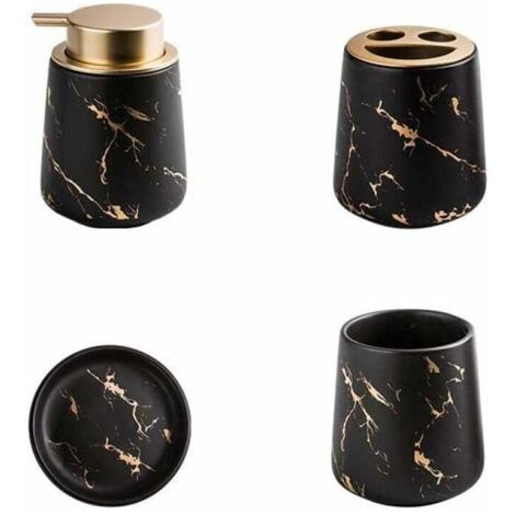 Set di accessori da bagno in ceramica marmorizzata da 4 pezzi: dispenser di sapone, porta spazzolino, bicchiere, porta sapone - nero opaco