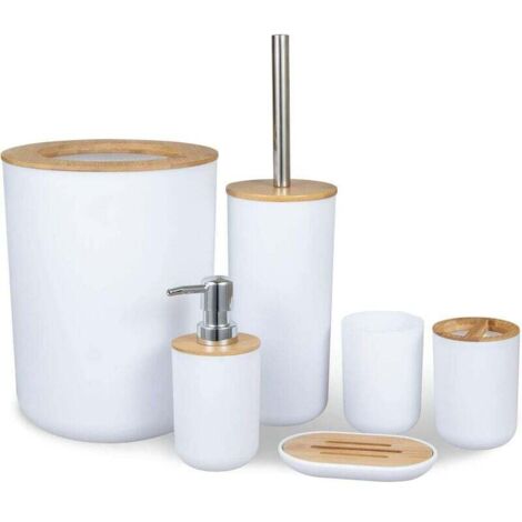 Set di accessori da bagno, set di accessori da bagno in bambù da 6 pezzi con dispenser di sapone, portaspazzolino, scopino per WC, portasapone, cestino (40 l) e bicchiere per spazzolino da denti