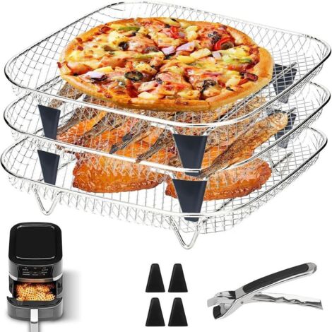 Set di accessori per friggitrice ad aria, in acciaio inox: griglia metallica a tre livelli, adatta per friggitrici ad aria, utilizzabile sia come griglia di scolo che come griglia di cottura, sicura p