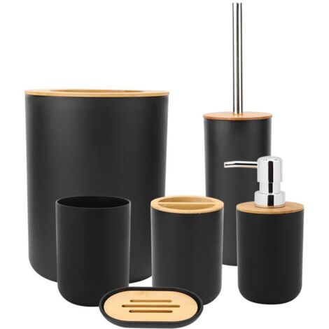 Set di accessori per il bagno, comprendente portasapone, portaspazzolino, bicchiere per collutorio, flacone di lozione e kit di accessori, nero.