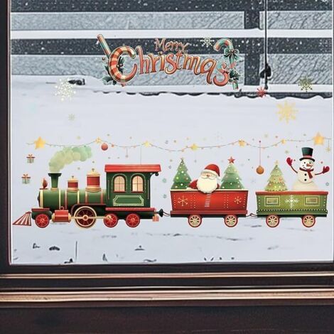 Set di adesivi murali natalizi – Adesivo murale in vinile rimovibile con Babbo Natale, pupazzo di neve e treno dei cartoni animati per soggiorno, camera da letto, finestra, decorazione natalizia e sfo