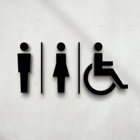 Set di adesivi per cartelli neri in rilievo per WC (14x22,5 cm). Design per WC. Cartelli per WC per uomini, donne e persone con disabilità - Adesivi per WC.