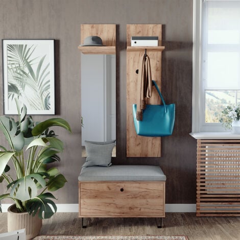 Set di armadi Siri, Quercia dorata, Set con appendiabiti a parete e panca per scarpe, Vicco