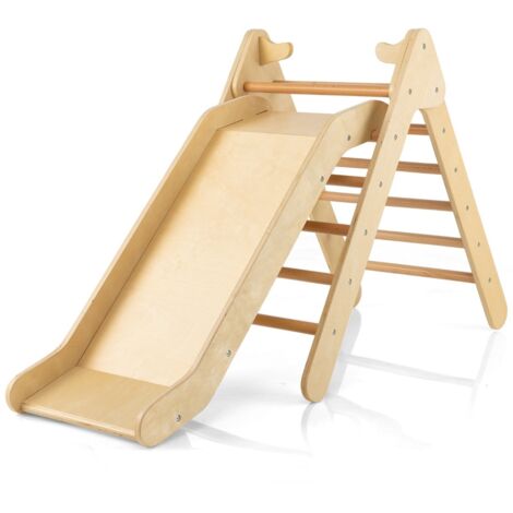 Set di arrampicata per bambini con scivolo 2-in-1, Arrampicatore in legno regolabile a gradi Naturale