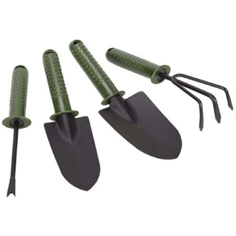 Set di attrezzi da giardinaggio, composto da 4 attrezzi: pala, forca e rastrello.