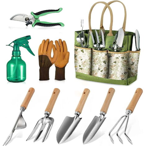 Set di attrezzi da giardinaggio, composto da 9 robusti utensili manuali, fornito con un'elegante e resistente borsa per riporli, set di attrezzi da giardinaggio antiruggine, regalo ideale per uomini e