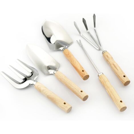 Set di attrezzi da giardinaggio di alta qualità e resistenti, composto da 5 pezzi: pala, rastrello, cazzuola, cazzuola grande e coltivatore a 5 griffe, realizzati in acciaio inossidabile con manici in