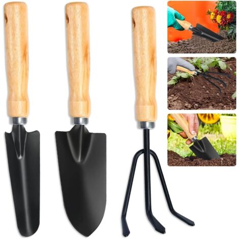 Set di attrezzi da giardino in 3 pezzi: piccola pala, rastrello e vanga - Nero - Set di attrezzi da giardino per bonsai e fiori in vaso