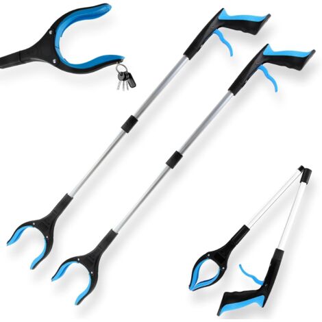 Set di attrezzi per la raccolta dei rifiuti composto da due parti: pinza telescopica in alluminio da 82 cm con testa girevole a 360°, impugnatura ergonomica e pinza magnetica (blu).