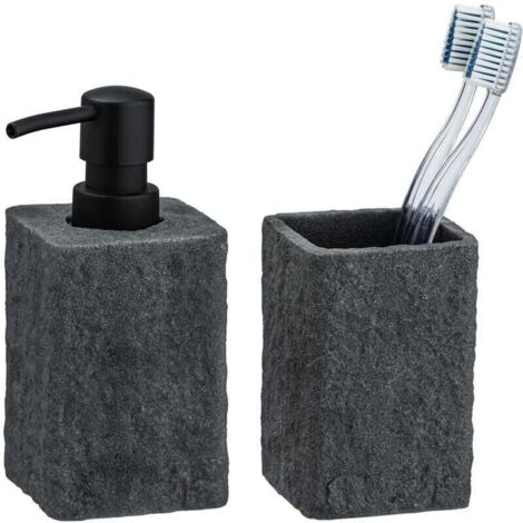 Set di bicchieri e dispenser per spazzolini da denti Villata da 300 ml, accessori per il bagno, poliresina, bicchiere: 7,5x11x7,5 cm, dispenser: 7x15x7 cm, grigio