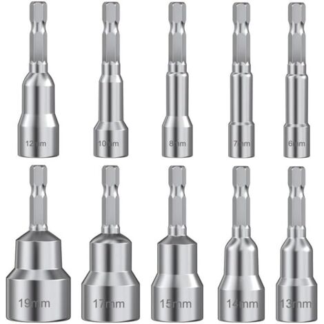 Set di bussole per cacciavite da 10 pezzi, presa esagonale magnetica 6/7/8/10/12/13/14/15/17/19, adattatore per trapano a mano, cacciavite elettrico, chiave a tubo