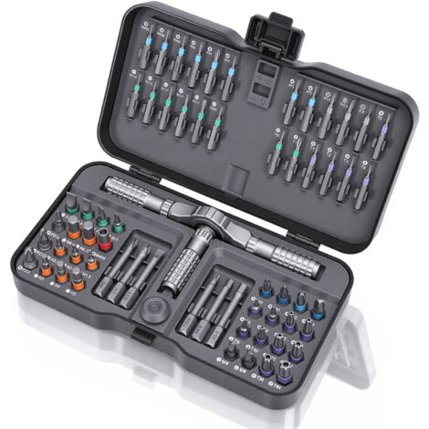 Set di cacciaviti a cricchetto 62 in 1 con punte magnetiche e cricchetto con impugnatura a T rimovibile.
