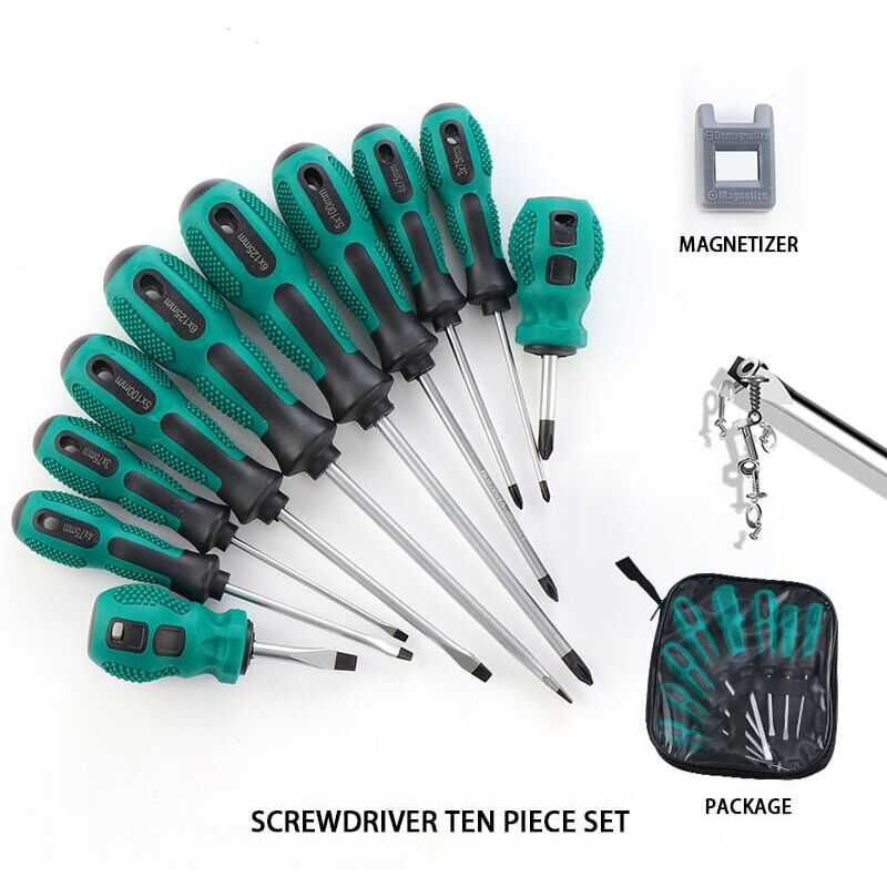 Image of Set di cacciaviti magnetici, set di cacciaviti professionali da 10 pezzi in acciaio al cromo-vanadio, 5 cacciaviti a taglio e 5 a croce, per il