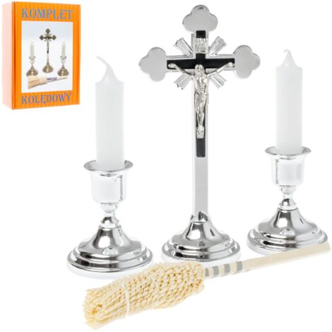 Set di canti natalizi: croce d'argento, candelieri e irrigatore tradizionale, 19 cm