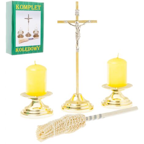Set di canti natalizi dorati con spruzzatore, croce semplice, candelieri da 20 cm