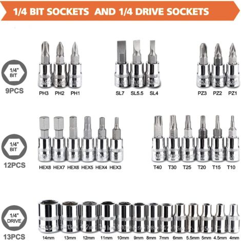 Set di chiavi a bussola da 46 pezzi in cromo vanadio, set di adattatori da 1/4" per auto fai da te