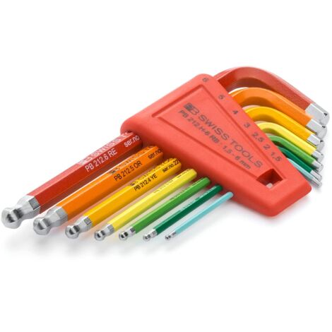 Set di chiavi a bussola esagonali angolate in astuccio di plastica, 7 pezzi, 1,5-8 mm, estremità sferica, Rainbow, PB Swiss Tools
