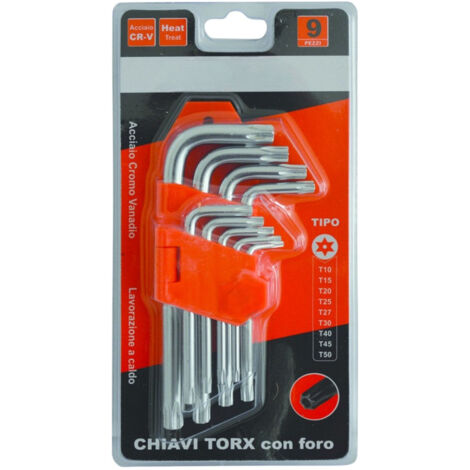 Set di chiavi Torx con foro corte 9 pezzi in acciaio cromo vanadio misure T10-T50 per lavorazioni di precisione