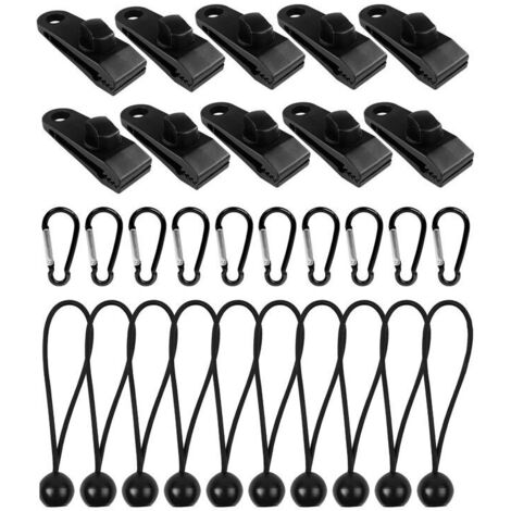 Set di clip per teloni da tenda OUYLAF da 30 pezzi: 10 clip di bloccaggio, 10 corde elastiche in nylon, 10 moschettoni per campeggio all'aperto
