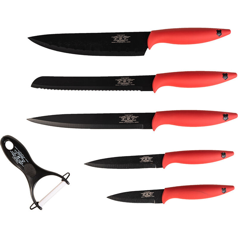 Image of Set di coltelli piu' pelapatate nero e rosso 6 pezzi di alta qualita'