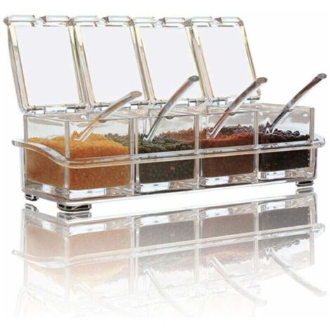 Set di condimenti, 4 pezzi: barattoli trasparenti per sale e spezie, contenitori per spezie da cucina con 4 cucchiai, coperchio e cucchiaio.