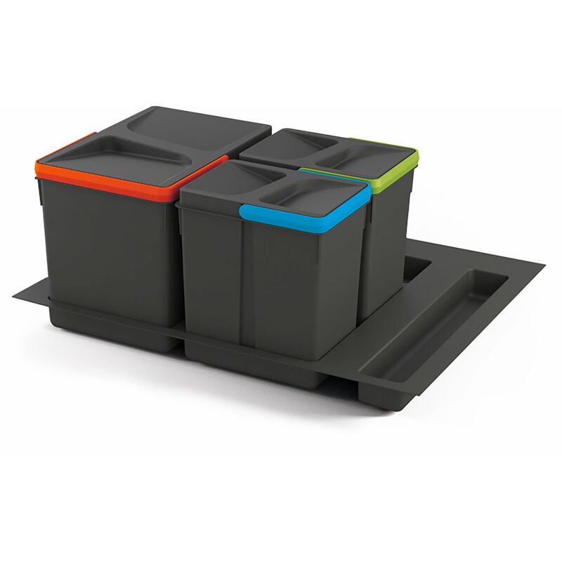 Image of Kit di contenitori per cassetti da cucina con base Recycle altezza 216 mm, 1x12 lt, 2x6 lt, modulo 600 mm, Grigio antracite, Tecnoplastica - Grigio