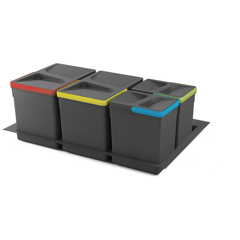 Image of Kit di contenitori per cassetti da cucina con base Recycle altezza 266 mm, 2x15 lt, 2x7 lt, modulo 800 mm, Grigio antracite - Grigio antracite - Emuca