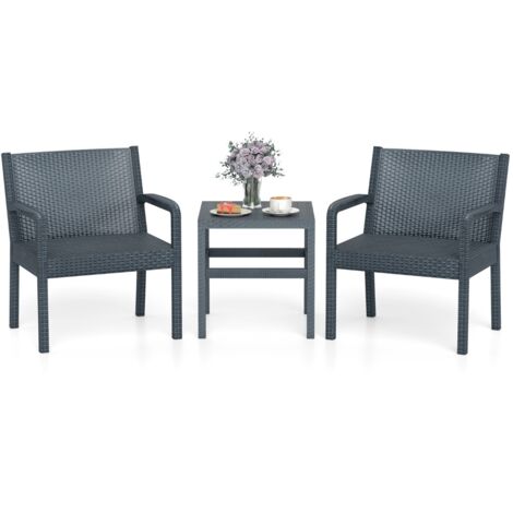 Set di conversazione da esterno con 2 poltrone moderne in rattan e tavolino quadrato, Set di mobili da patio a 3 pezzi Grigio