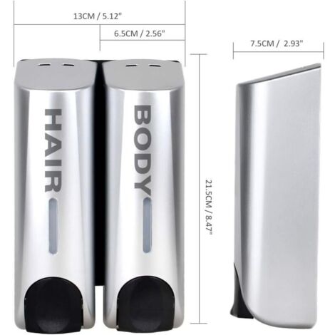 Set di dispenser di sapone per bagnoschiuma, shampoo e balsamo, da parete, colore argento.
