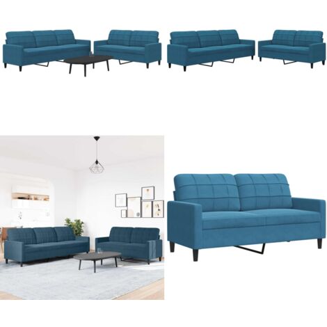 Set di Divani 2 pz con Cuscini Blu in Velluto - Divano a 3 posti - Divano in velluto