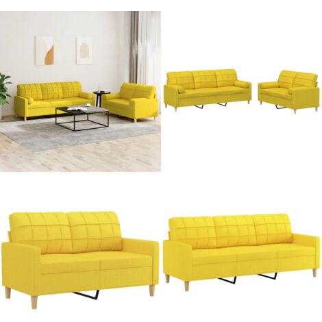 Set di Divani 2 pz con Cuscini Giallo Chiaro in Tessuto - Divano a 3 posti - Cuscini decorativi