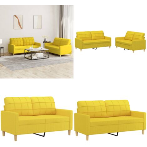 Set di Divani 2 pz con Cuscini Giallo Chiaro in Tessuto - Divano in tessuto - Divano giallo chiaro