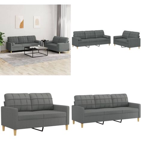Set di Divani 2 pz con Cuscini Grigio Scuro in Tessuto - Divano a 3 posti - Cuscini decorativi