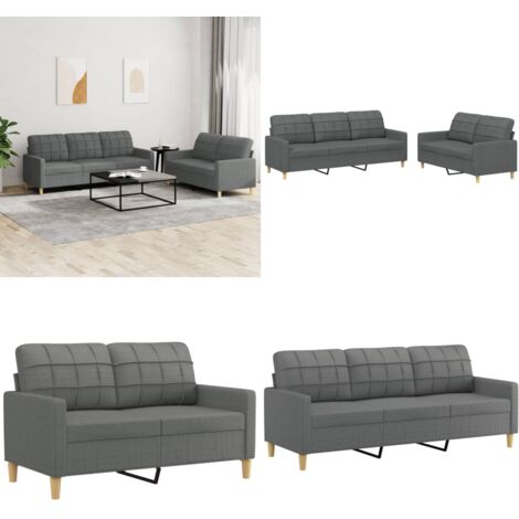 Set di Divani 2 pz con Cuscini Grigio Scuro in Tessuto - Divano a 3 posti - Cuscini per divano