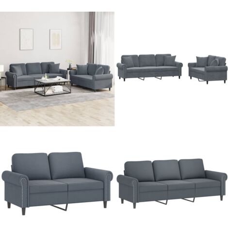 Set di Divani 2 pz con Cuscini Grigio Scuro in Velluto - Divano a 3 posti - Cuscini per divano