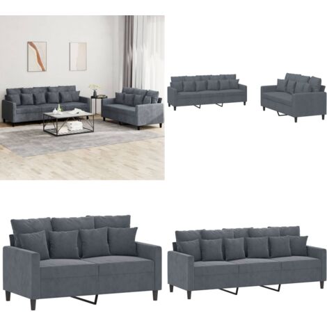 Set di Divani 2 pz con Cuscini Grigio Scuro in Velluto - Divano a 3 posti - Cuscini per divano