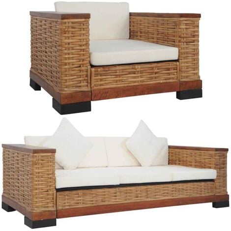 Set di Divani 2 pz con Cuscini in Rattan Naturale Marrone vidaXL