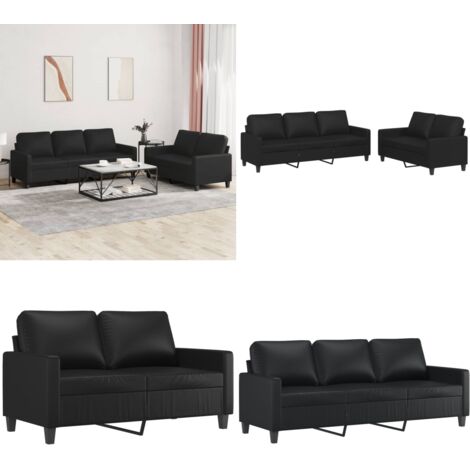 Set di Divani 2 pz con Cuscini Nero in Similpelle - Divano a 3 posti - Divano in similpelle