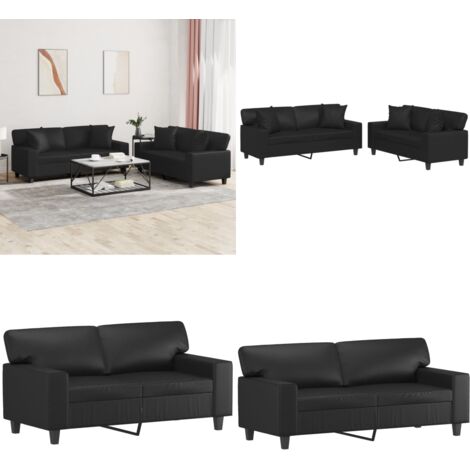 Set di Divani 2 pz con Cuscini Nero in Similpelle - Divano in similpelle - Cuscini per divano