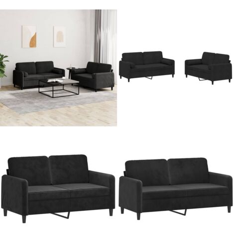 Set di Divani 2 pz con Cuscini Nero in Velluto - Divano in velluto - Cuscini a rullo