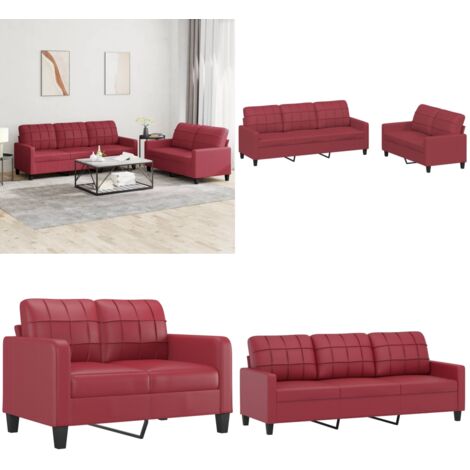 Set di Divani 2 pz con Cuscini Rosso Vino in Similpelle - Divano a 3 posti - Similpelle
