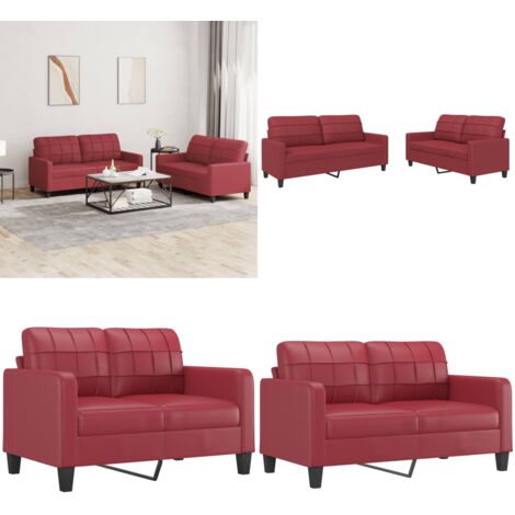 Set di Divani 2 pz con Cuscini Rosso Vino in Similpelle - Divano in similpelle - Divano con cuscini