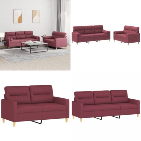 Set di Divani 2 pz con Cuscini Rosso Vino in Tessuto - Divano a 3 posti - Cuscini decorativi