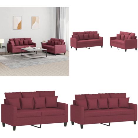 Set di Divani 2 pz con Cuscini Rosso Vino in Tessuto - Divano in tessuto - Divano con cuscini