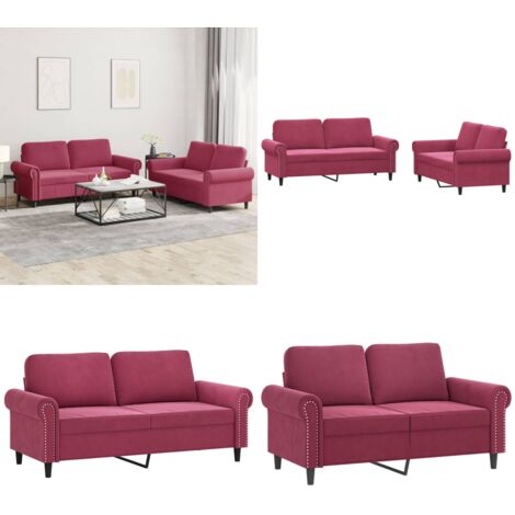 Set di Divani 2 pz con Cuscini Rosso Vino in Velluto - Divano in velluto - Divano con cuscini