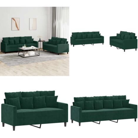 Set di Divani 2 pz con Cuscini Verde scuro in Velluto - Divano a 3 posti - Cuscini