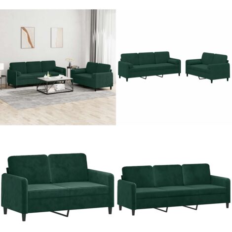 Set di Divani 2 pz con Cuscini Verde Scuro in Velluto - Divano a 3 posti - Cuscini a rullo
