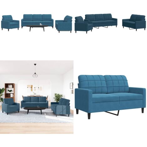 Set di Divani 3 pz con Cuscini Blu in Velluto - Divano a 3 posti - Divano con cuscini