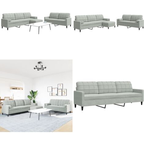 Set di Divani 3 pz con Cuscini e Rinforzi Grigio Chiaro Velluto - Divano a 3 posti - Cuscini di sostegno